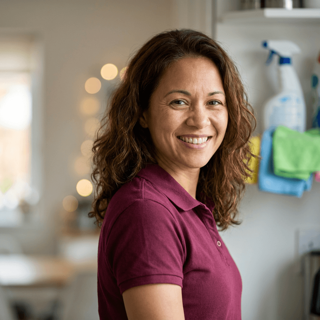 Woman folding laundry beside an open basket in a bright room