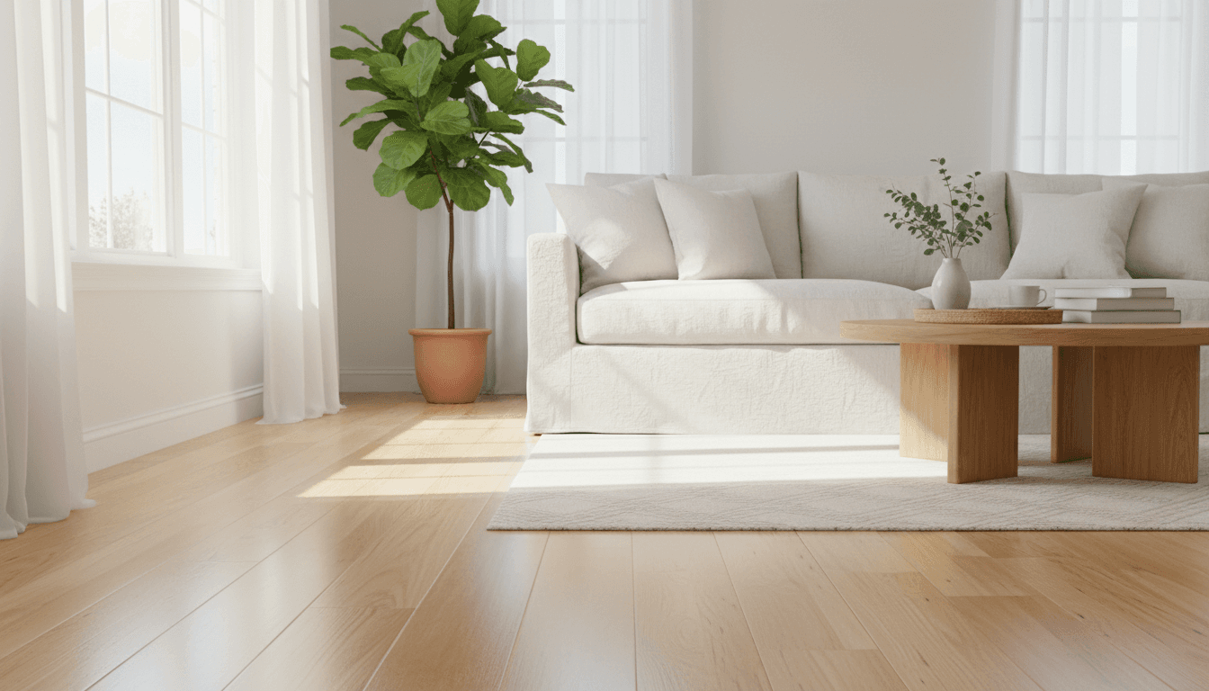 Sunlit living room with gleaming floors and fresh linens