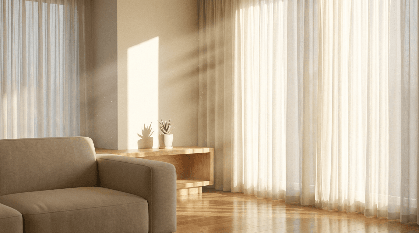 Sunlit living room with fresh flowers and tidy bookshelf